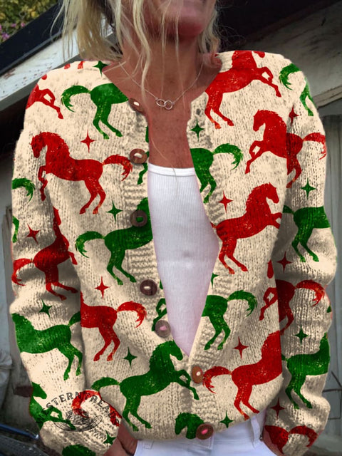 Retro Christmas Horse Pattern Print Buttoned Cardigan Sweater