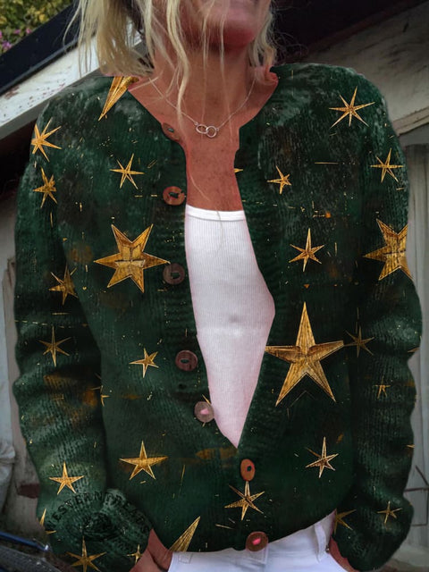 Retro Christmas Stars Pattern Print Buttoned Cardigan Sweater
