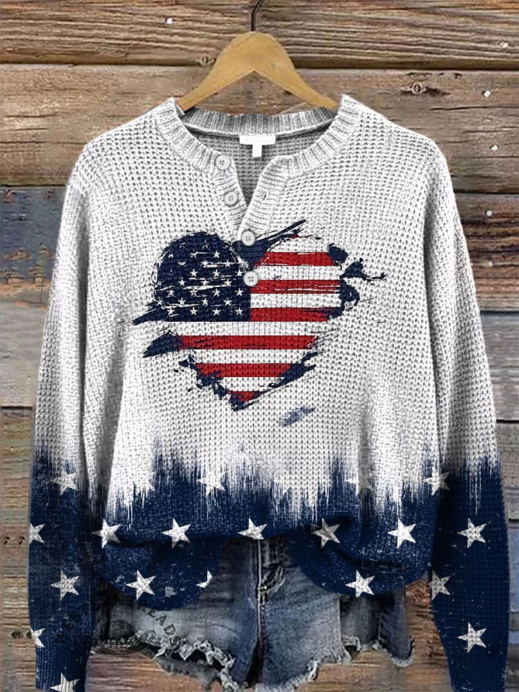 Stars Stripe Art Print Buttoned Cardigan Sweater