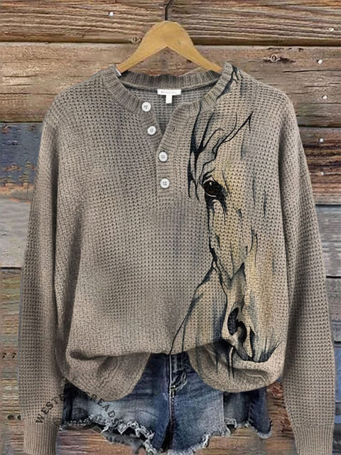 Horse Art Print Buttoned Cardigan Sweater