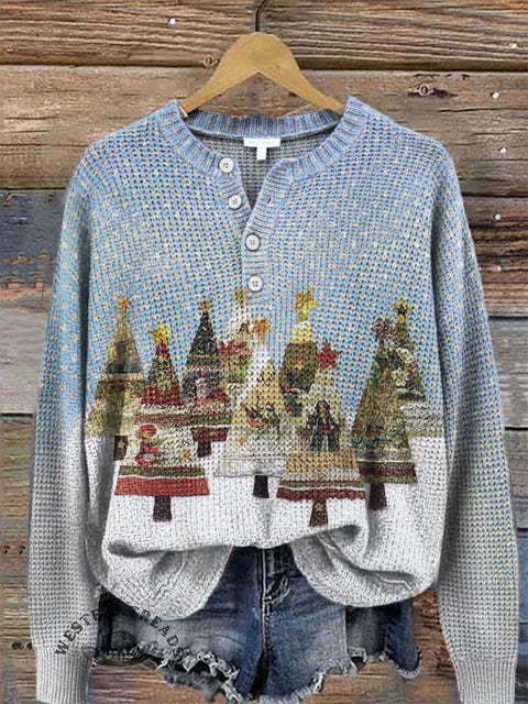 Christmas Tree Art Print Buttoned Cardigan Sweater