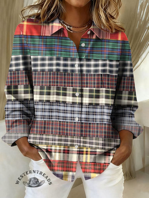 Women's Retro Plaid Pattern Print Casual Cotton Shirt