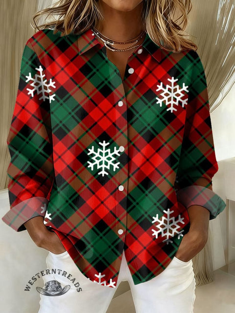 Women's Retro Christmas Plaid Print Casual Cotton Shirt