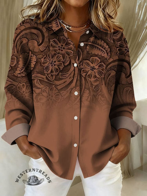 Women's Retro Leather Embossing Pattern Print Casual Cotton Shirt