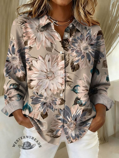 Women's Retro Floral Print Casual Cotton Shirt