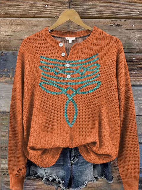 Boots Stitch Art Print Buttoned Cardigan Sweater