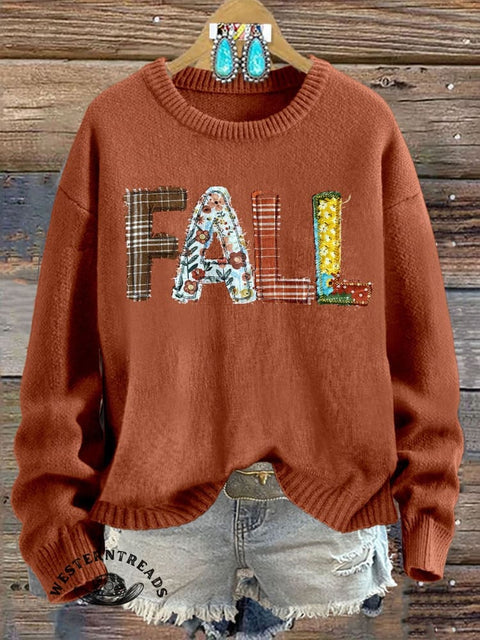 Fall Febric Art Print Knit Pullover Sweater