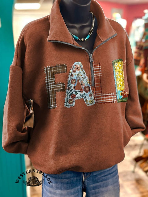 Fall Febric Art Print Casual Long Sleeve Zip Sweatshirt