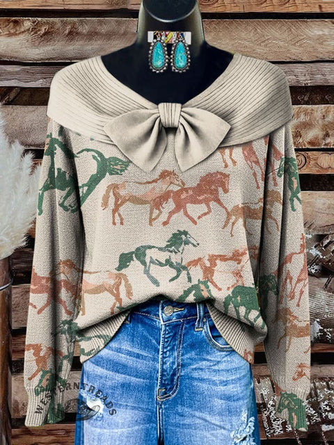 Retro Horse Art Print Buttoned Cardigan Sweater