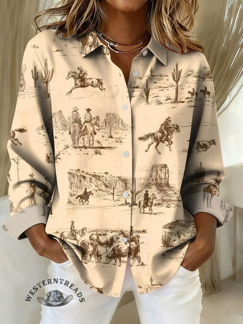 Women's Western Art Pattern Print Casual Cotton Shirt