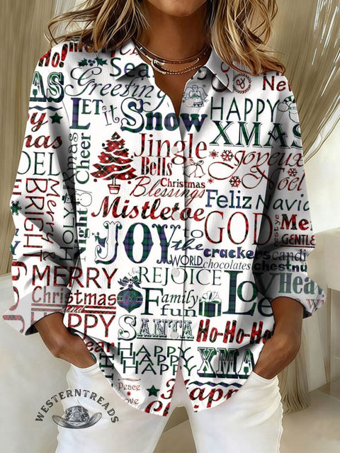 Women's Christmas Text Art Pattern Print Casual Cotton Shirt