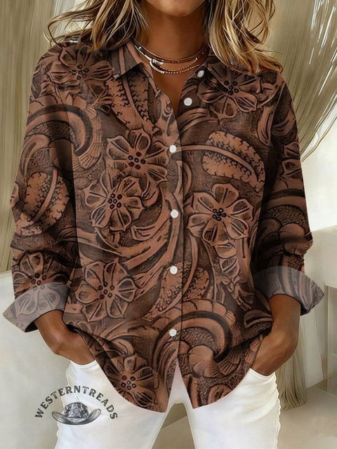 Women's Floral Art Pattern Print Casual Cotton Shirt