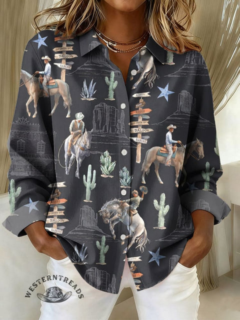 Women's Western Art Pattern Print Casual Cotton Shirt