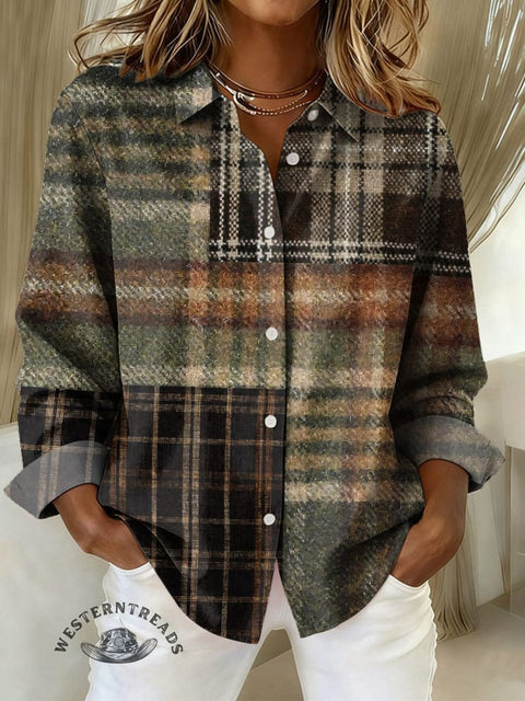 Women's Retro Plaid Art Pattern Print Casual Cotton Shirt