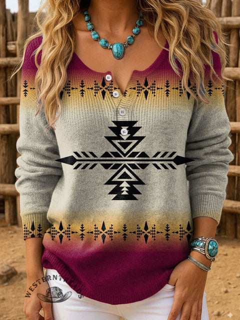 Retro Aztec Print Buttoned Cardigan Sweater
