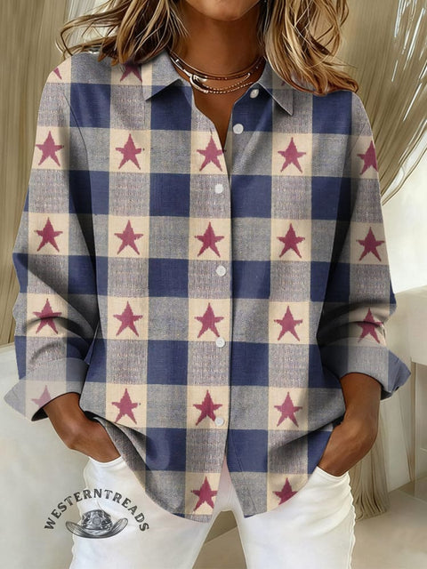 Women's Retro Stars Plaid Print Casual Cotton Shirt