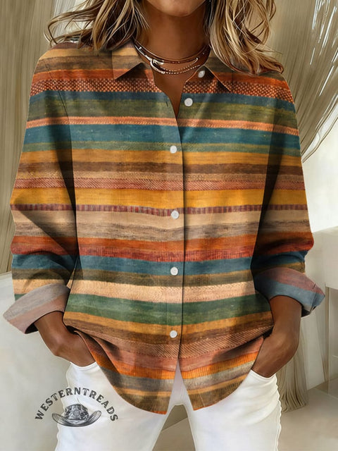Women's Retro Texture Art Print Casual Cotton Shirt