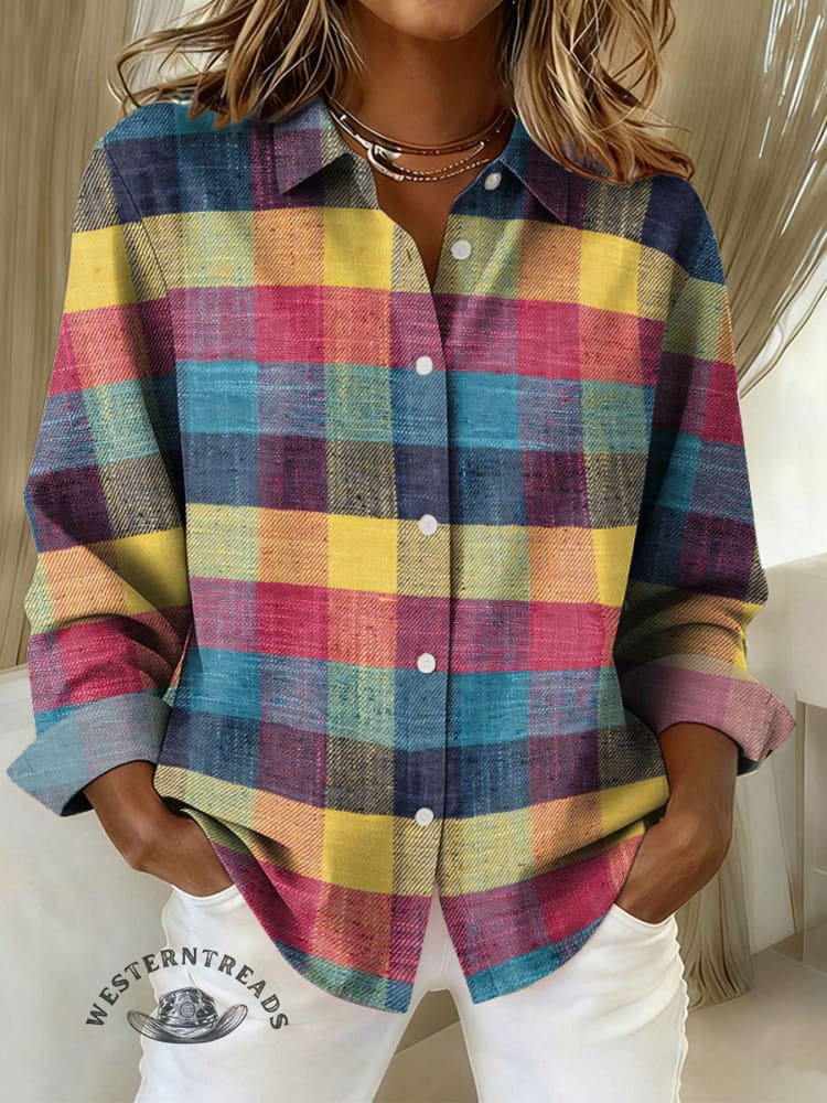 Women's Retro Art Plaid Print Casual Cotton Shirt
