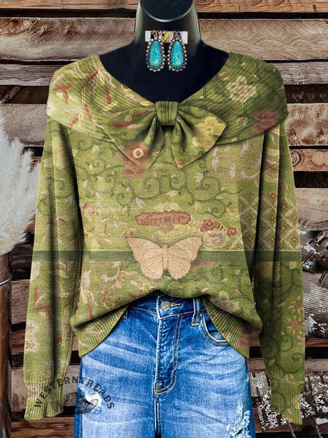 Retro Floral Texture Print Buttoned Cardigan Sweater