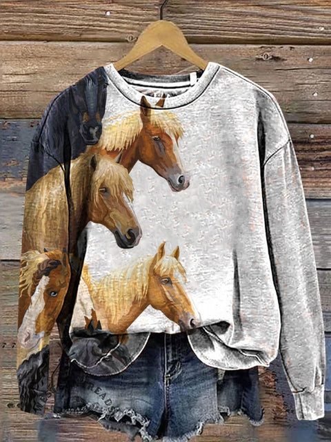 Funny Horse Art Print Casual Cotton Sweatshirt