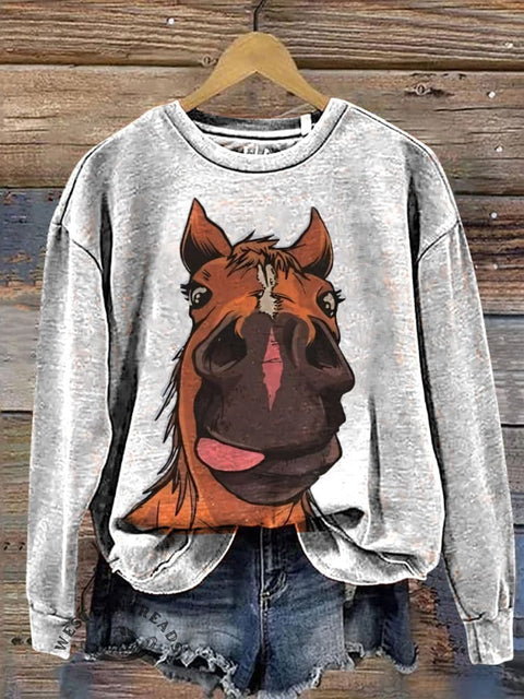 Cute Horse Art Print Casual Cotton Sweatshirt