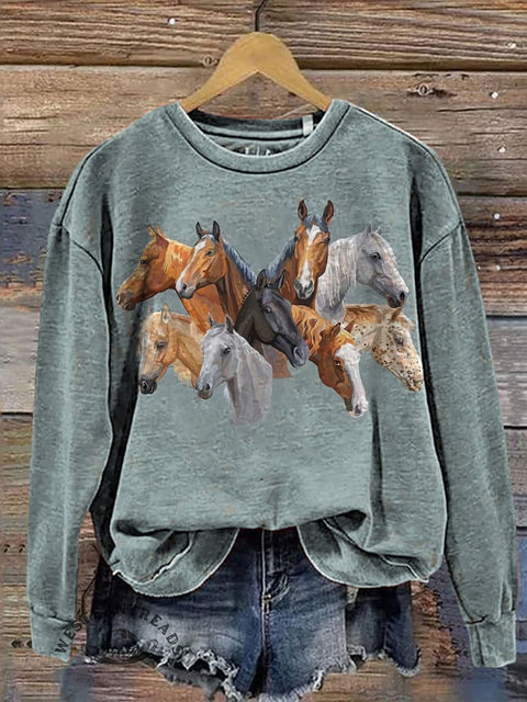 Horse Art Print Casual Cotton Sweatshirt