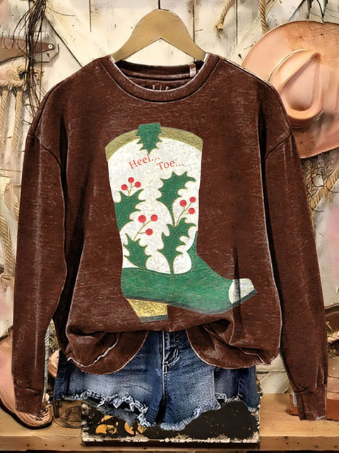 Christmas Cowboys Boots Print Casual Cotton Sweatshirt