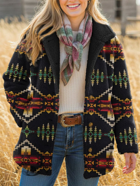 Women's Aztec Print Casual Sherpa Coat Cardigan
