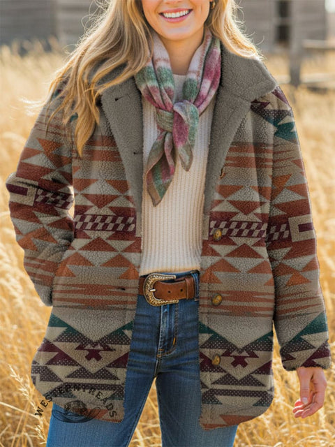 Women's Aztec Print Casual Sherpa Coat Cardigan