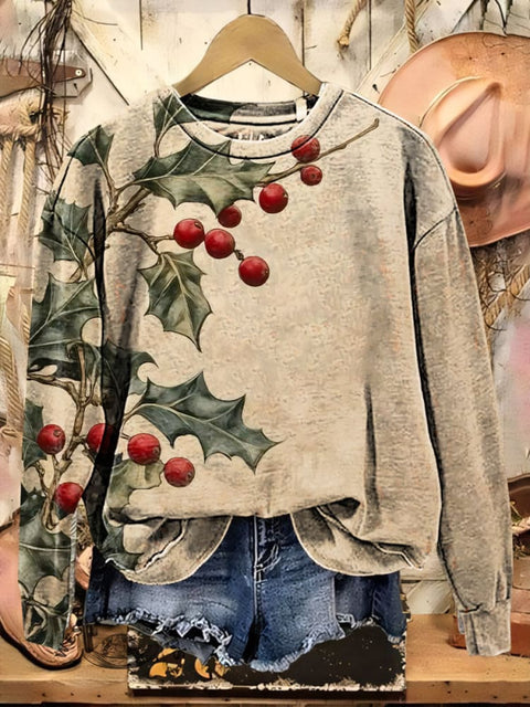 Retro Floral Art Print Casual Cotton Sweatshirt