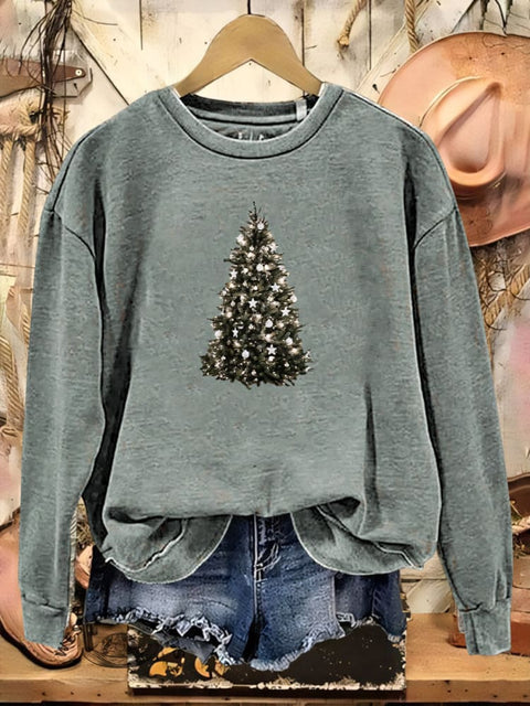 Christmas Tree Print Casual Cotton Sweatshirt