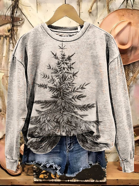 Retro Christmas Tree Print Casual Cotton Sweatshirt