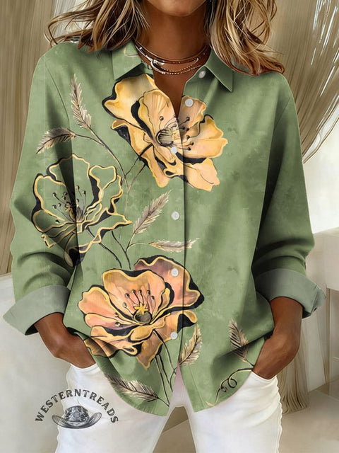 Women's Floral Art Print Casual Cotton Shirt