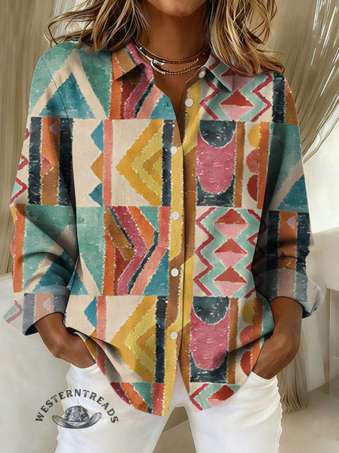 Women's Retro Art Print Casual Cotton Shirt