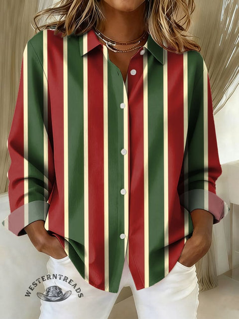 Women's Retro Stripe Art Print Casual Cotton Shirt