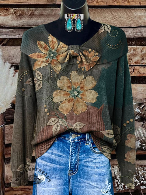 Retro Floral Art Print Buttoned Cardigan Sweater