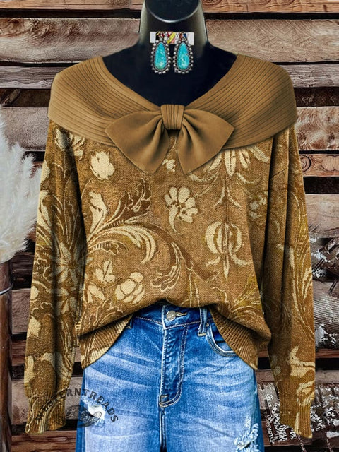 Retro Floral Art Print Buttoned Cardigan Sweater
