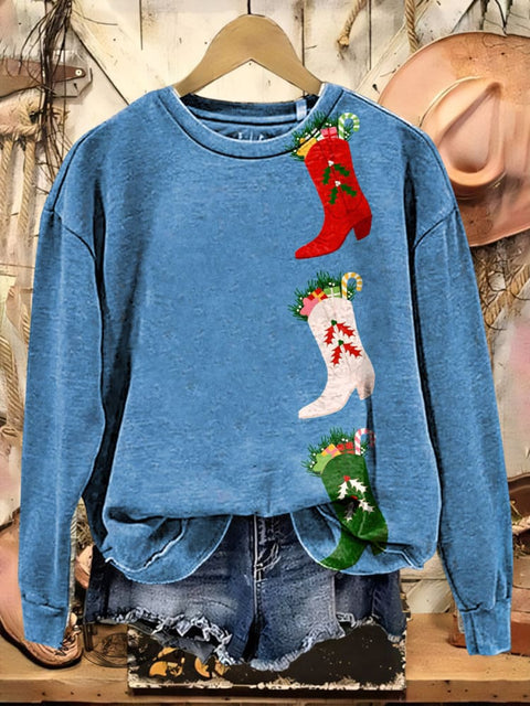 Christmas Boots Print Casual Cotton Sweatshirt