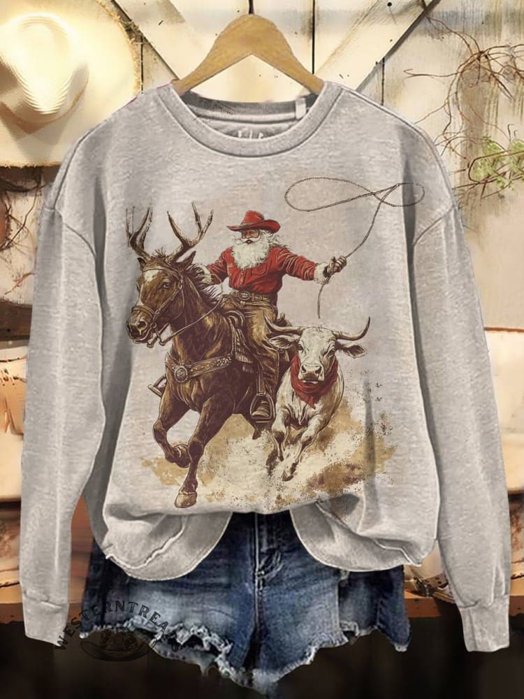 Cowboy Santa Claus Print Casual Cotton Sweatshirt