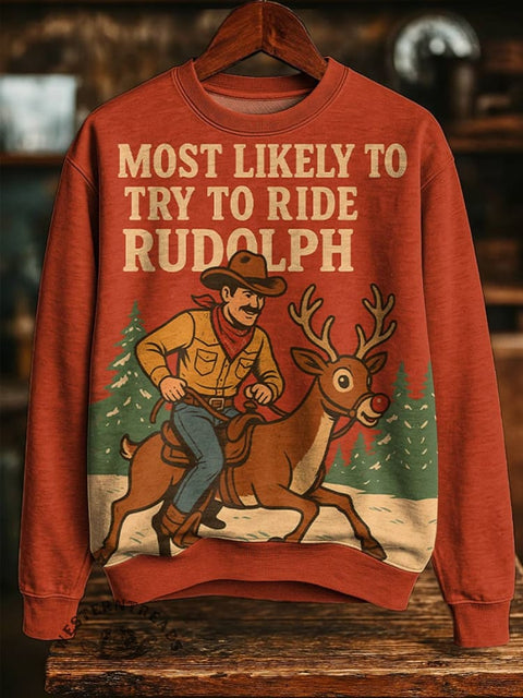 Cowboy Christmas Print Casual Cotton Sweatshirt