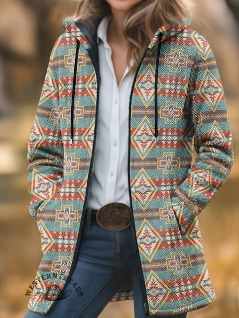 Aztec Print Unisex Plush Thick Long-Sleeved Cardigan Coat