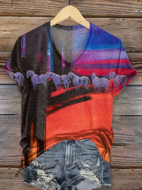 Women's Horse Art Print V-neck Casual T-Shirt