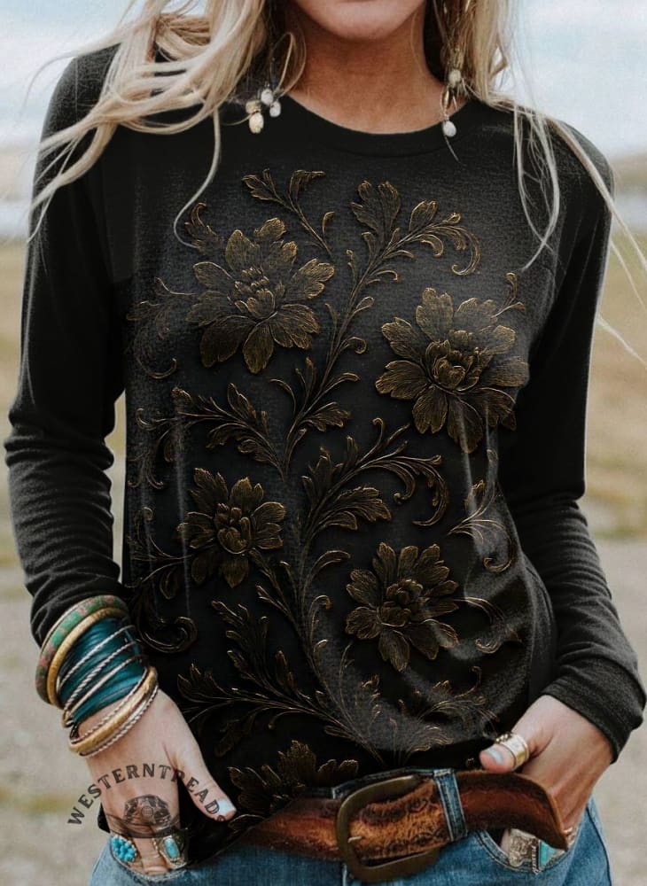 Women's Black Floral Print Casual T Shirt