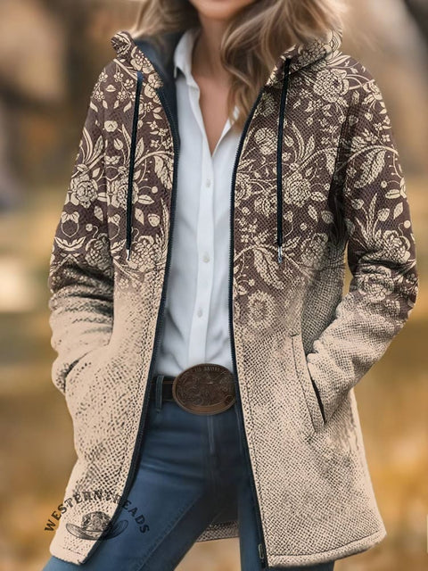 Floral Print Unisex Plush Thick Long-Sleeved Cardigan Coat