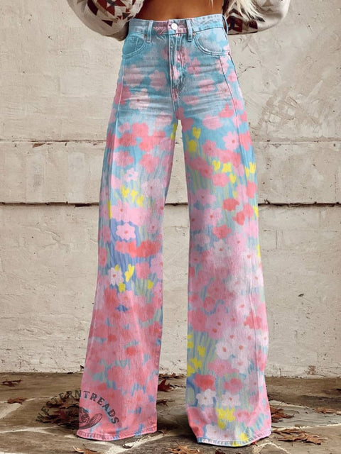 Women's Pink Flower Print Casual Wide Leg Pants