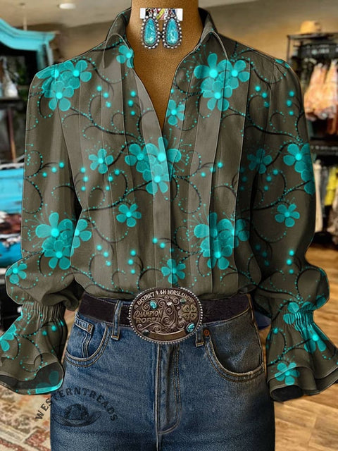 Women's Floral Print Casual Cotton And Linen Shirt