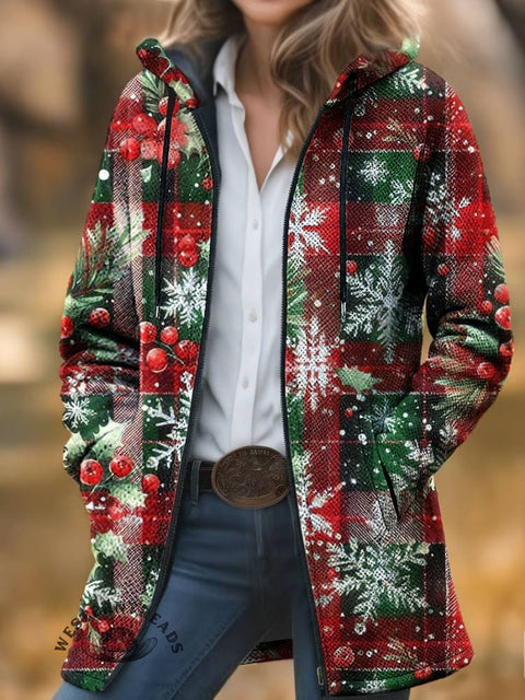 Christmas Print Unisex Plush Thick Long-Sleeved Cardigan Coat