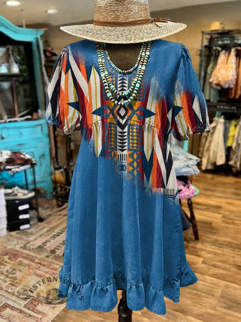Blue Women's Aztac Print Pocket Cotton Dress