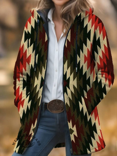 Aztec Print Unisex Plush Thick Long-Sleeved Cardigan Coat