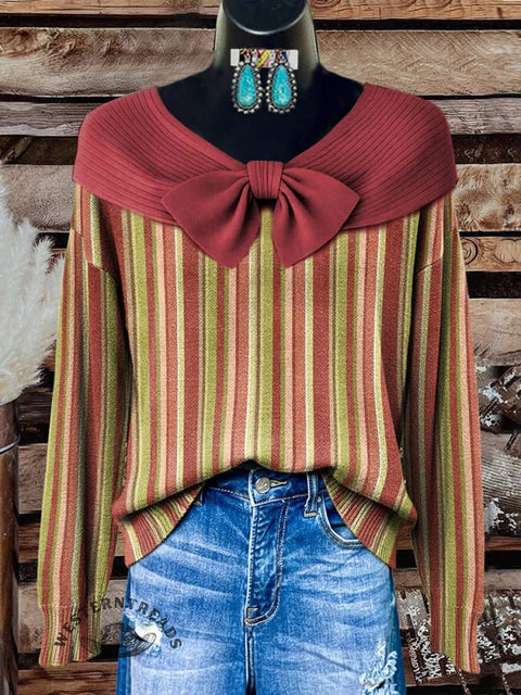 Women's Green and Red Stripes Print Casual Sweater